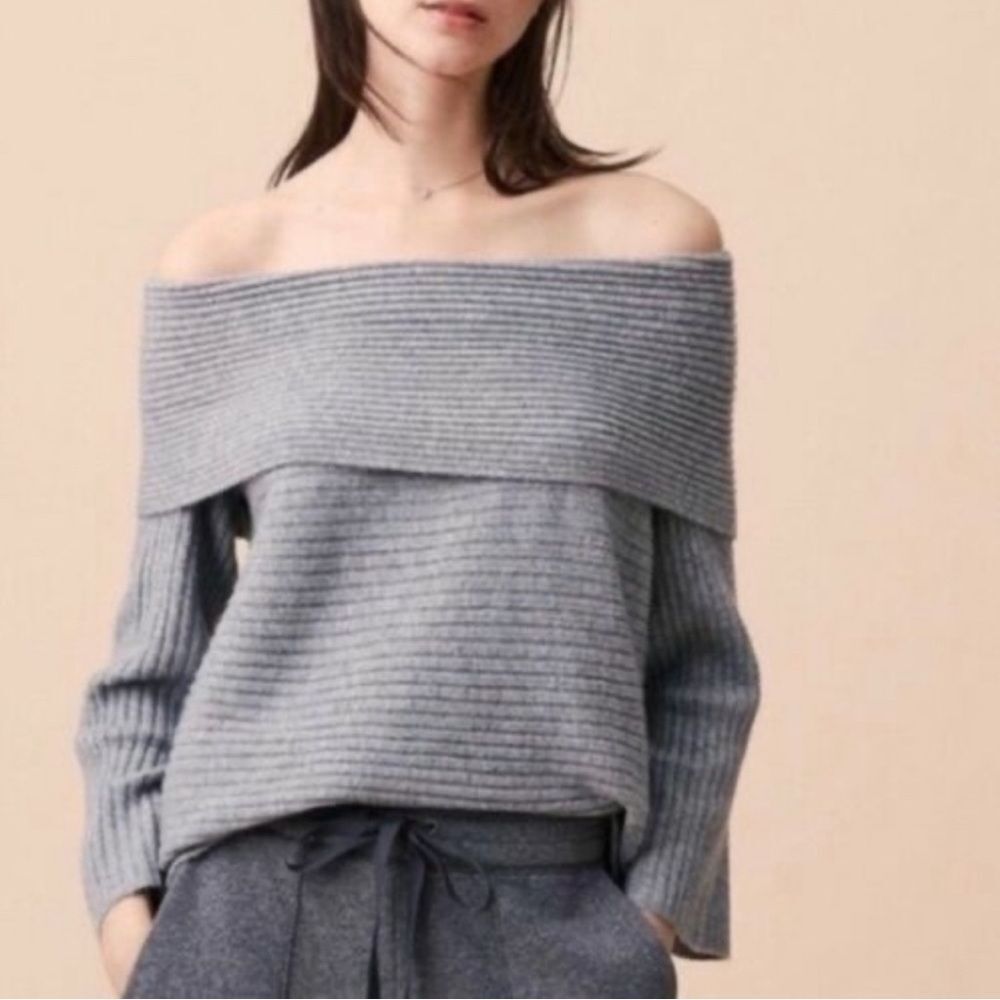 Lou & Grey Sweater Womens Size Small Ribbed Gray Tunic Pullover Off The Shoulder